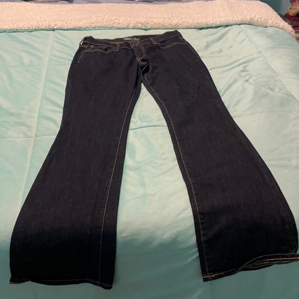 flared dark blue jeans, (or bootcut)